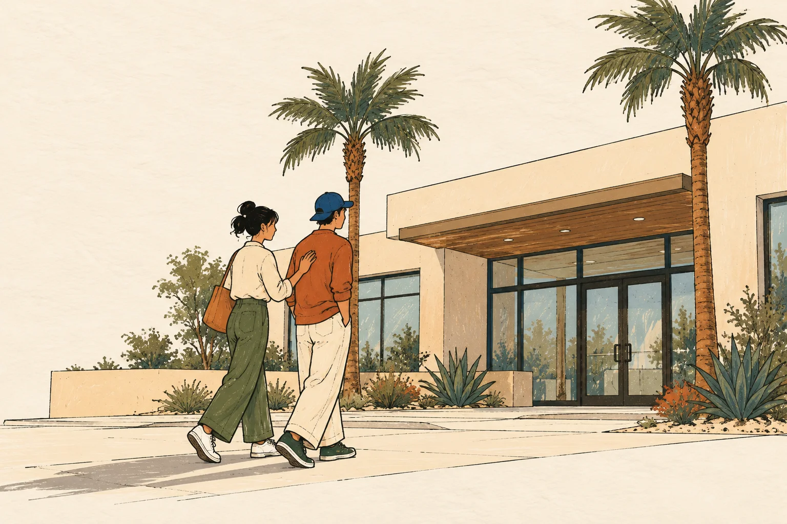 Illustration of a woman walking with a young man toward the glass entrance of a medical building lined with palm trees