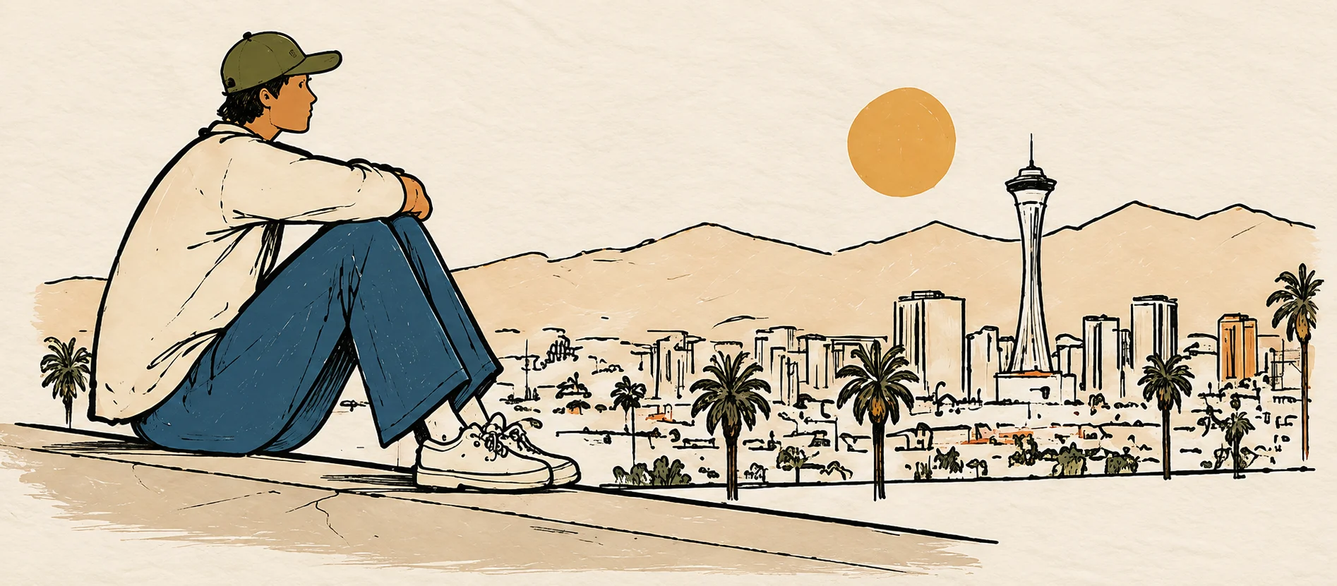 Illustration of a young man sitting on a ledge, looking out over the Las Vegas Valley and the Strat at sunset
