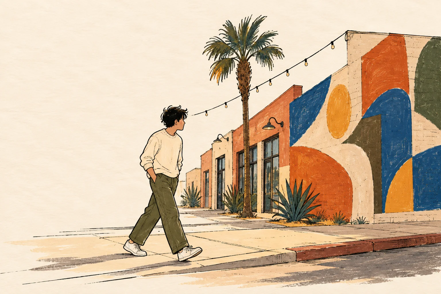 Illustration of a young man walking past a colorful mural in the Las Vegas Arts District