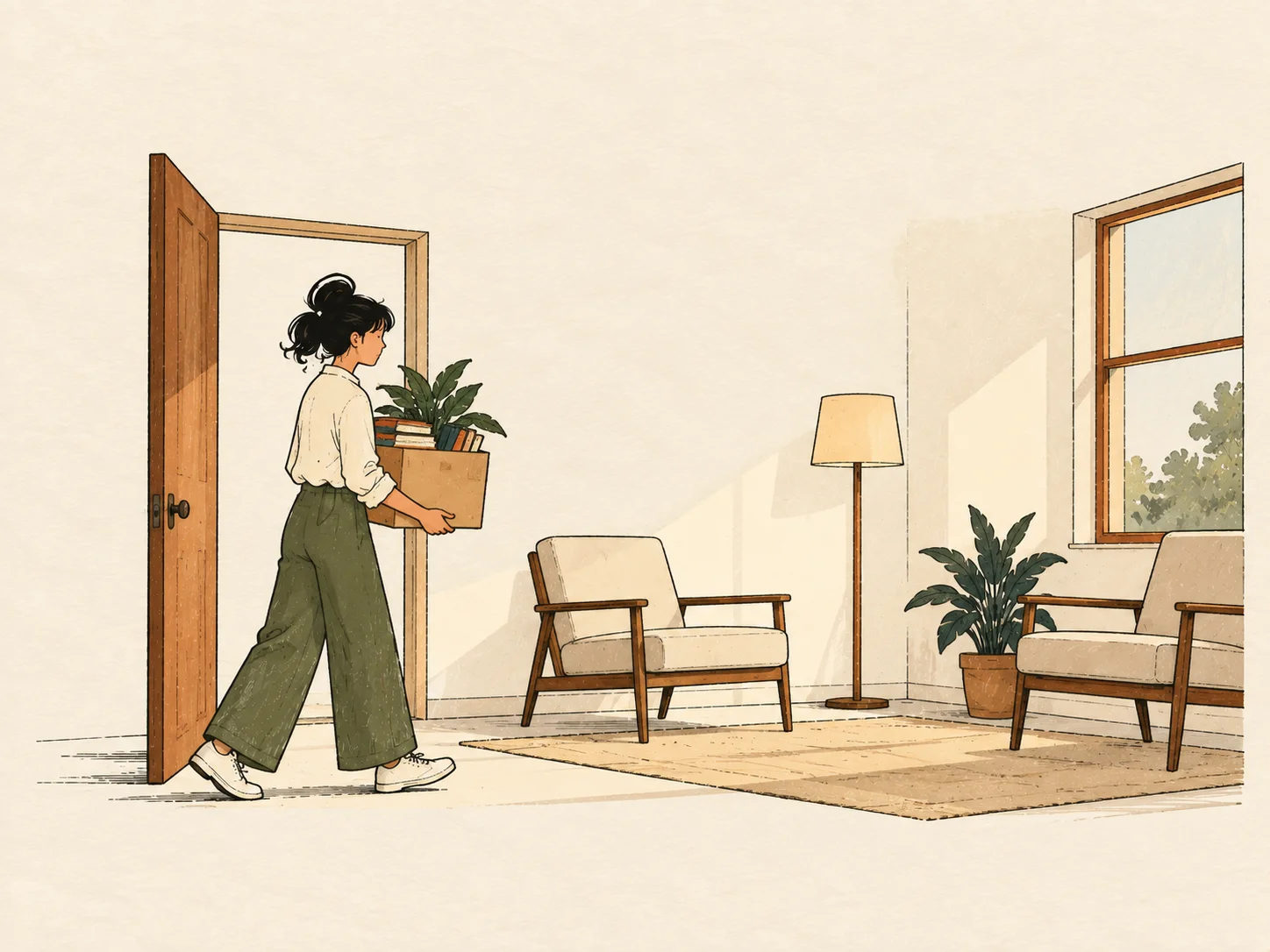 Illustration of a therapist carrying a box with a plant and books into a new, sunlit office with two empty armchairs