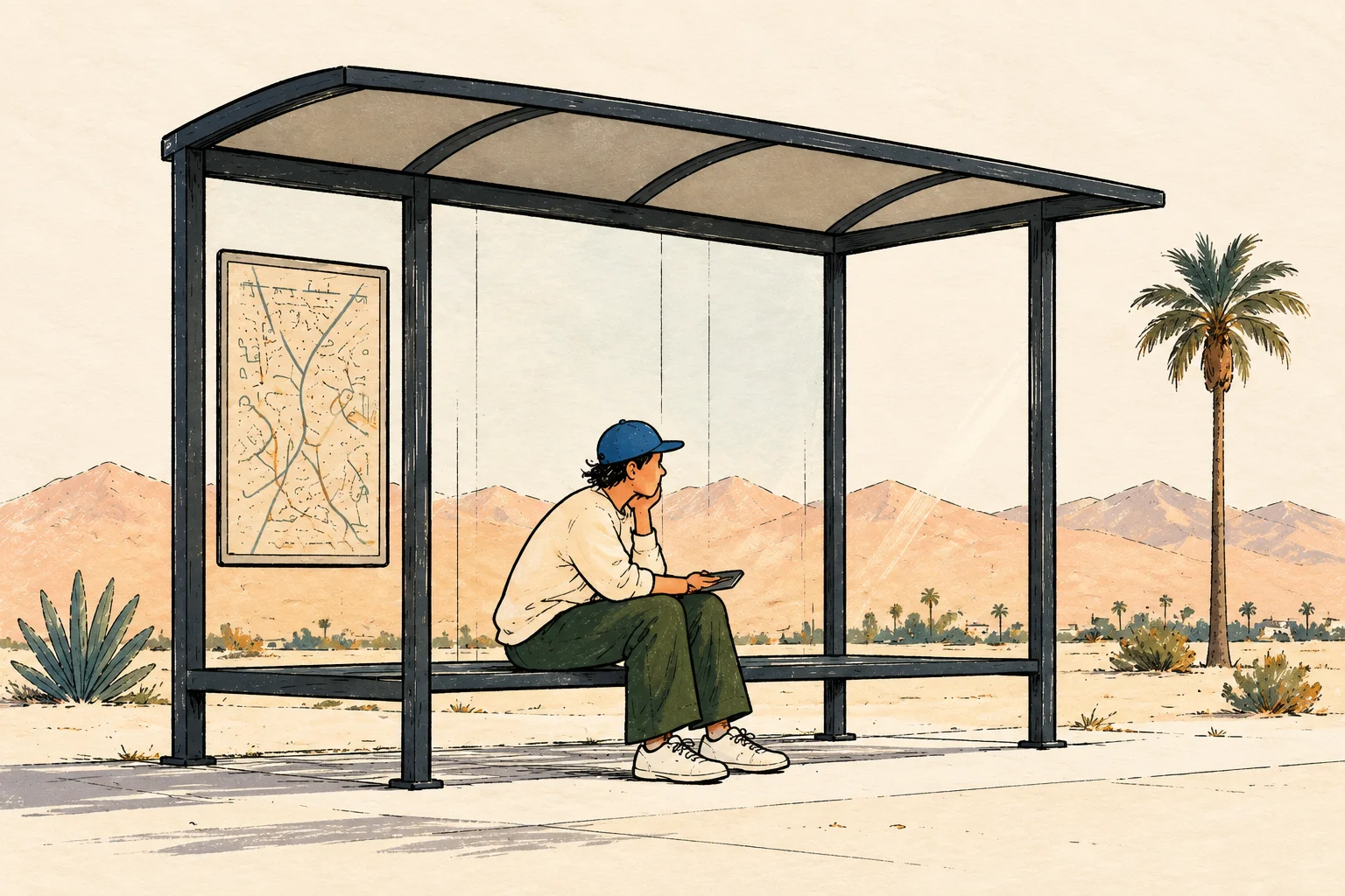 Illustration of a man with a bag waiting at a bus station